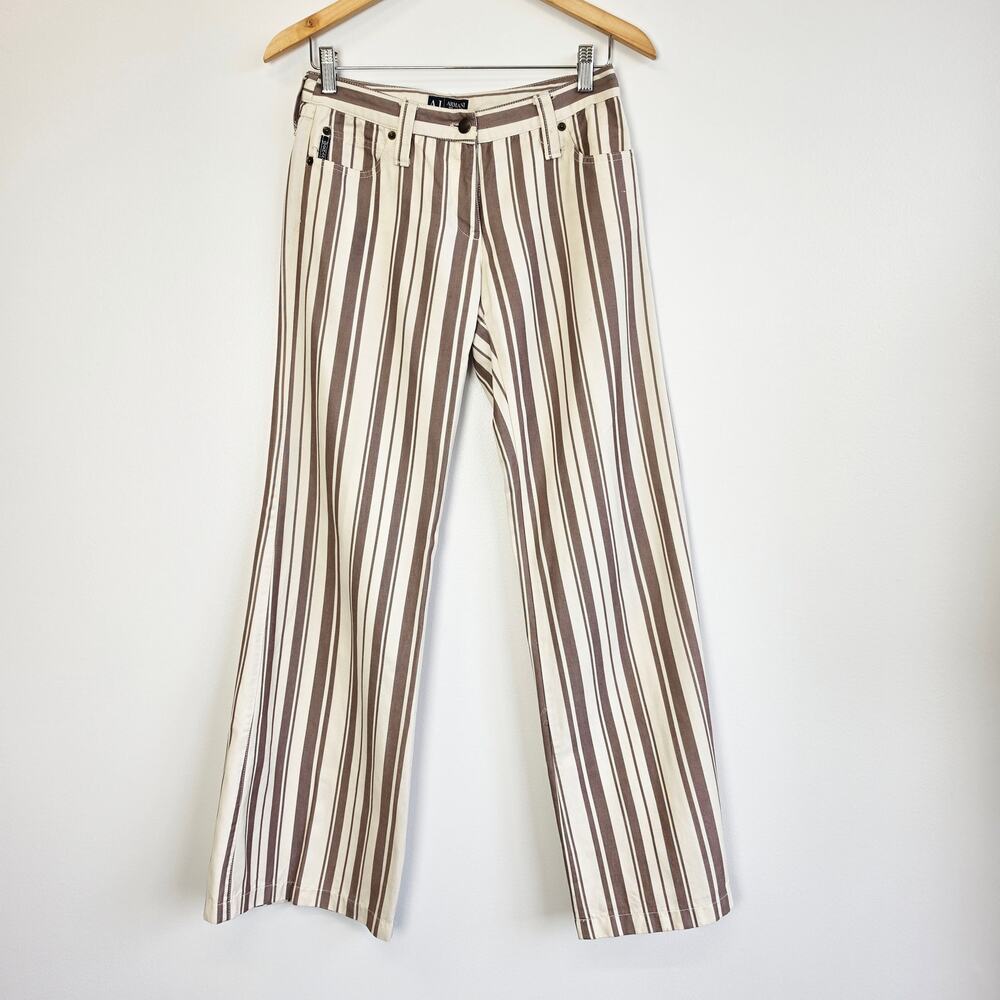 Vintage Armani Jeans Striped Wide Leg Jeans Mid Rise Brown Cream Size 6 Boho 70s
